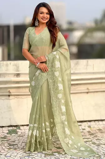 floral embroidered pure chanda kora art silk festive wear saree with unstitched blouse