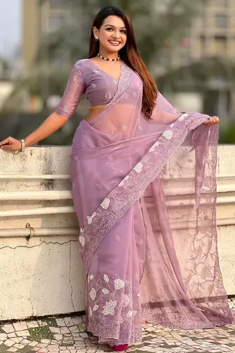 floral embroidered pure chanda kora art silk festive wear saree with unstitched blouse