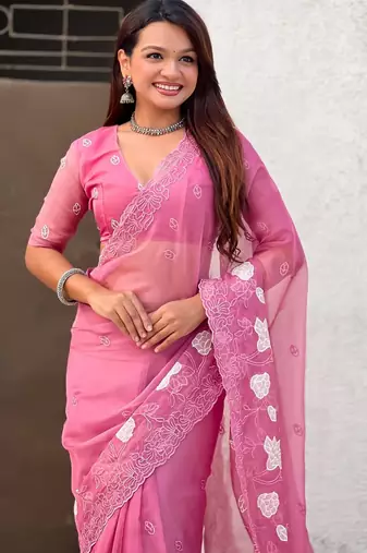 floral embroidered pure chanda kora art silk festive wear saree with unstitched blouse