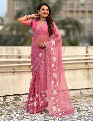 floral embroidered pure chanda kora art silk festive wear saree with unstitched blouse 4