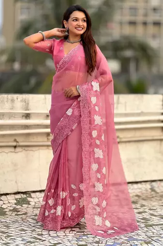 floral embroidered pure chanda kora art silk festive wear saree with unstitched blouse