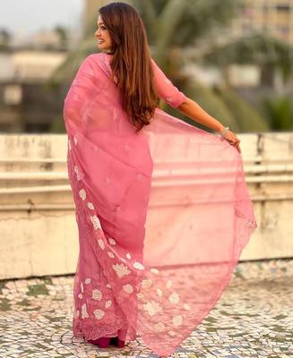 floral embroidered pure chanda kora art silk festive wear saree with unstitched blouse 5