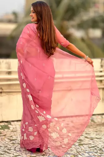 floral embroidered pure chanda kora art silk festive wear saree with unstitched blouse
