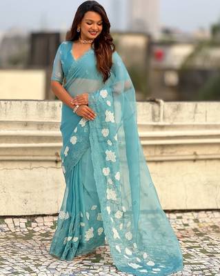 floral embroidered pure chanda kora art silk festive wear saree with unstitched blouse 4