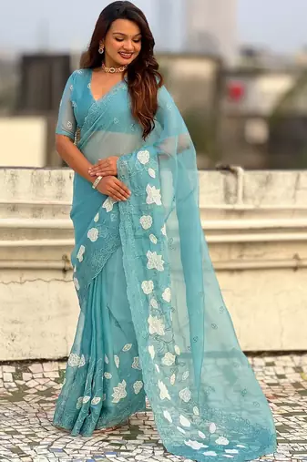 floral embroidered pure chanda kora art silk festive wear saree with unstitched blouse