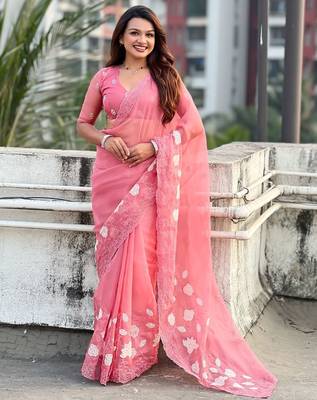 floral embroidered pure chanda kora art silk festive wear saree with unstitched blouse 1
