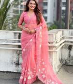 floral embroidered pure chanda kora art silk festive wear saree with unstitched blouse