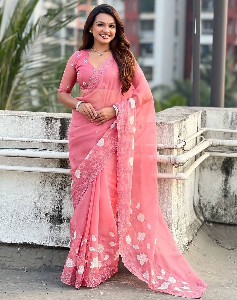 floral embroidered pure chanda kora art silk festive wear saree with unstitched blouse