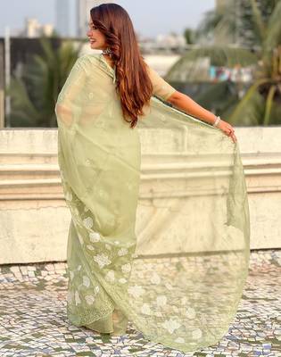 floral embroidered pure chanda kora art silk festive wear saree with unstitched blouse 5