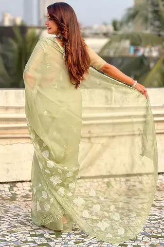 floral embroidered pure chanda kora art silk festive wear saree with unstitched blouse