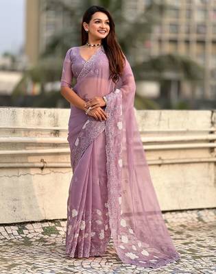 floral embroidered pure chanda kora art silk festive wear saree with unstitched blouse 4