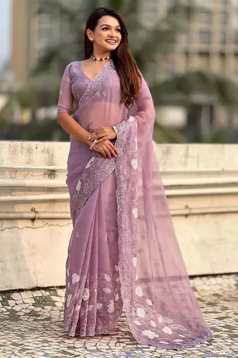 floral embroidered pure chanda kora art silk festive wear saree with unstitched blouse