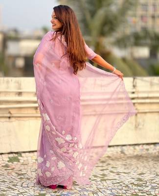 floral embroidered pure chanda kora art silk festive wear saree with unstitched blouse 5