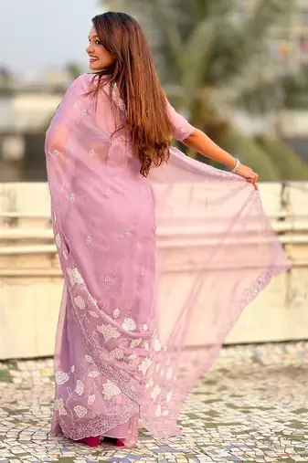 floral embroidered pure chanda kora art silk festive wear saree with unstitched blouse
