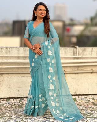 floral embroidered pure chanda kora art silk festive wear saree with unstitched blouse 5