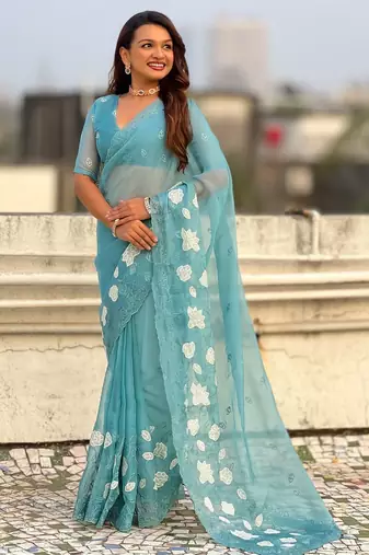 floral embroidered pure chanda kora art silk festive wear saree with unstitched blouse