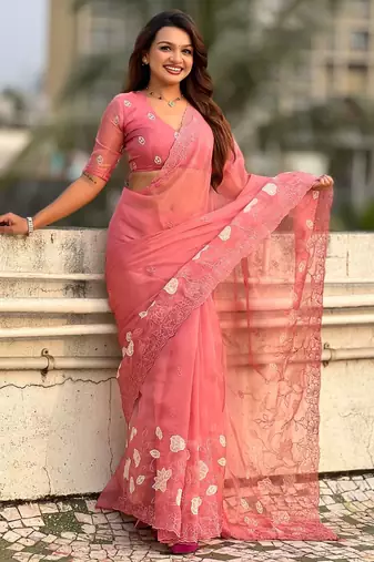 floral embroidered pure chanda kora art silk festive wear saree with unstitched blouse