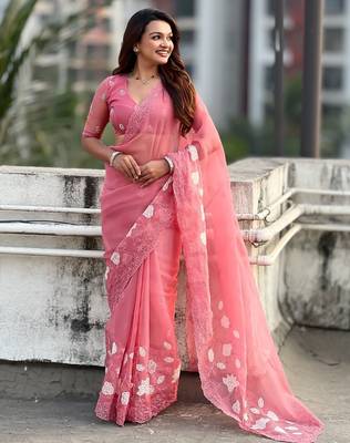 floral embroidered pure chanda kora art silk festive wear saree with unstitched blouse 4