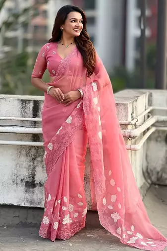 floral embroidered pure chanda kora art silk festive wear saree with unstitched blouse