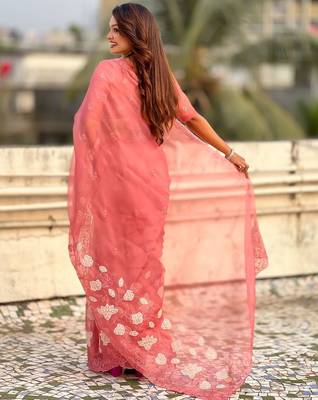 floral embroidered pure chanda kora art silk festive wear saree with unstitched blouse 5
