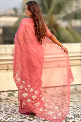 floral embroidered pure chanda kora art silk festive wear saree with unstitched blouse