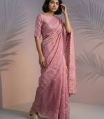 pastel leheriya embroidered pure raspberry art silk party wear saree with unstitched blouse