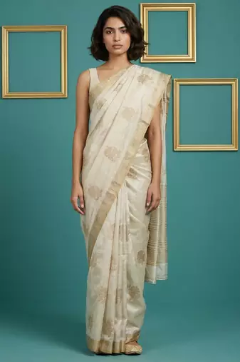 beige chain stitch crossstitch embroidered tussar art silk festive wear saree with unstitched blouse