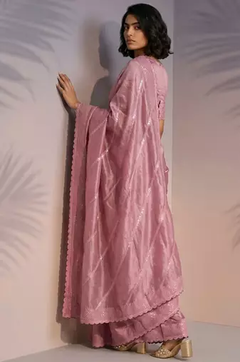 pastel leheriya embroidered pure raspberry art silk party wear saree with unstitched blouse