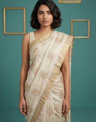 beige chain stitch crossstitch embroidered tussar art silk festive wear saree with unstitched blouse 2