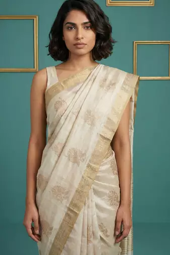 beige chain stitch crossstitch embroidered tussar art silk festive wear saree with unstitched blouse
