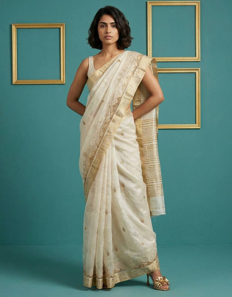 beige chain stitch cutwork embroidered tussar art silk festive wear saree with unstitched blouse