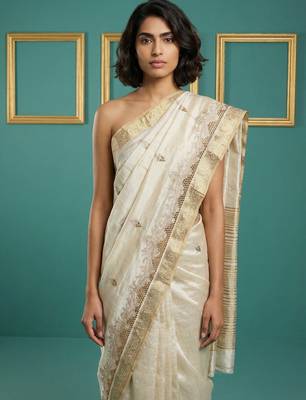 beige chain stitch cutwork embroidered tussar art silk festive wear saree with unstitched blouse 2