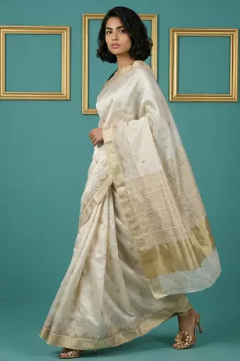 beige chain stitch cutwork embroidered tussar art silk festive wear saree with unstitched blouse