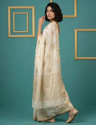 beige chain stitch crossstitch embroidered tussar art silk festive wear saree with unstitched blouse 4