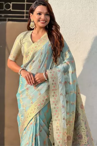 multicolor leheriya meenakari zari woven kora art silk festive wear saree with unstitched blouse