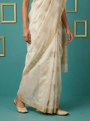 beige chain stitch crossstitch embroidered tussar art silk festive wear saree with unstitched blouse 5