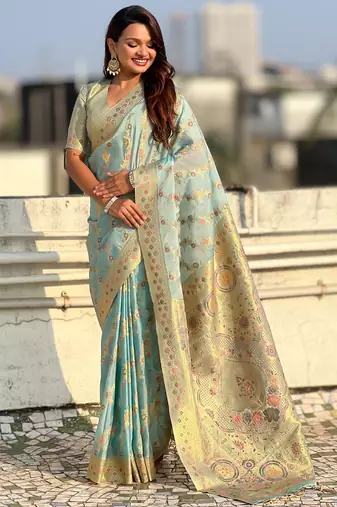 multicolor leheriya meenakari zari woven kora art silk festive wear saree with unstitched blouse