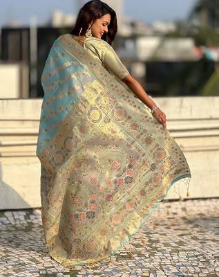 multicolor leheriya meenakari zari woven kora art silk festive wear saree with unstitched blouse 5