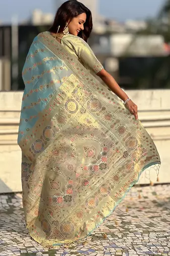 multicolor leheriya meenakari zari woven kora art silk festive wear saree with unstitched blouse