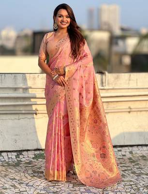 multicolor leheriya meenakari zari woven kora art silk festive wear saree with unstitched blouse 1