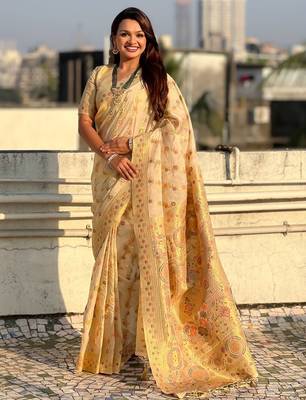 multicolor leheriya meenakari zari woven kora art silk festive wear saree with unstitched blouse 1