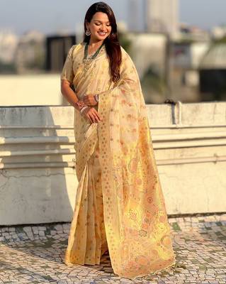 multicolor leheriya meenakari zari woven kora art silk festive wear saree with unstitched blouse 3