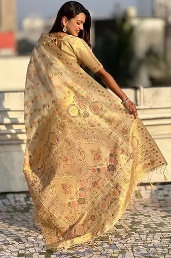 multicolor leheriya meenakari zari woven kora art silk festive wear saree with unstitched blouse