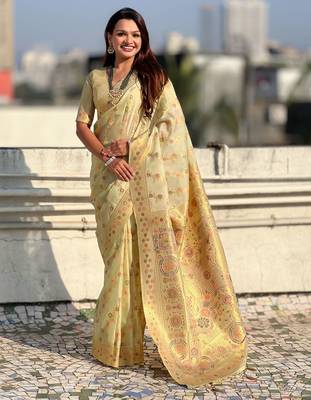 multicolor leheriya meenakari zari woven kora art silk festive wear saree with unstitched blouse 1