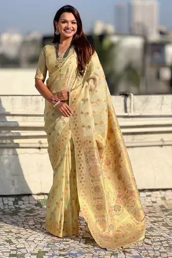 multicolor leheriya meenakari zari woven kora art silk festive wear saree with unstitched blouse