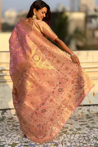multicolor leheriya meenakari zari woven kora art silk festive wear saree with unstitched blouse