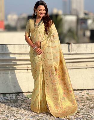 multicolor leheriya meenakari zari woven kora art silk festive wear saree with unstitched blouse 3