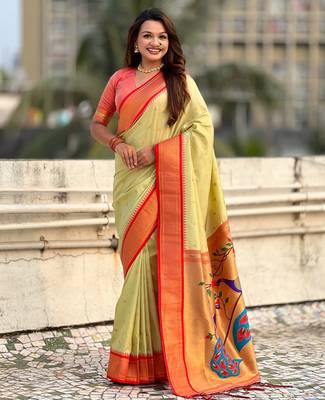 multicolor zari woven paithani art silk traditional wear saree with unstitched blouse 1