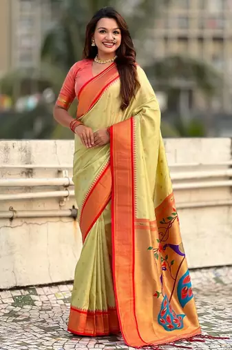 multicolor zari woven paithani art silk traditional wear saree with unstitched blouse