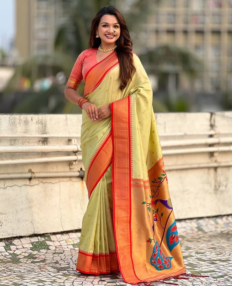 multicolor zari woven paithani art silk traditional wear saree with unstitched blouse